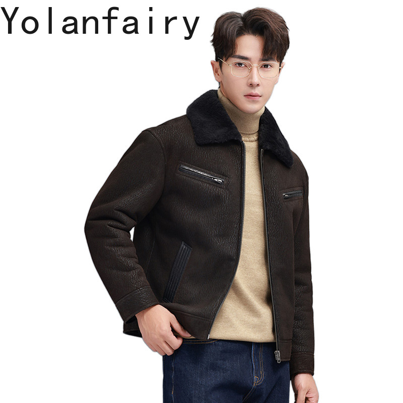 Men'S Fashion Leather Jacket - YOLANFAIRY Mantel Bulu Alami Mode Antik