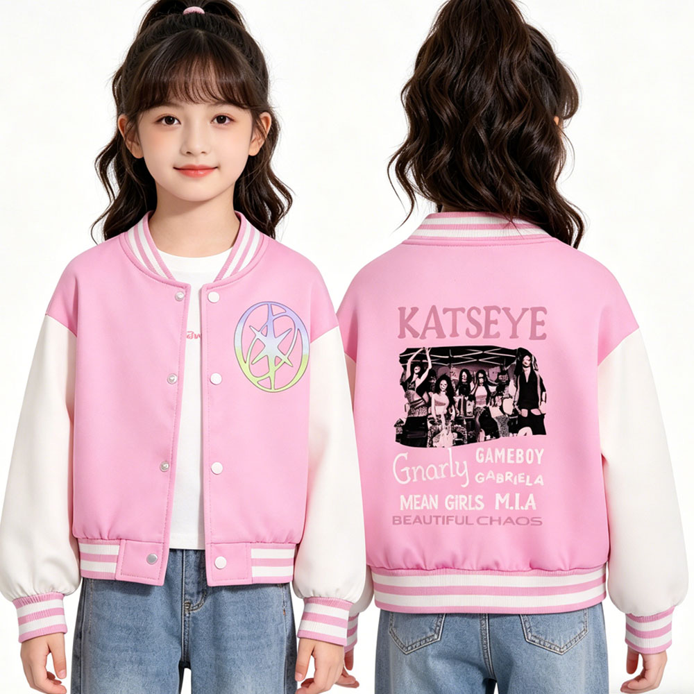 Varsity Jacket Letterman - KATSEYE Jaket Bisbol Pendek Anak-anak Bermotif