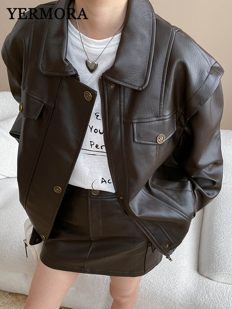 Men'S Fashion Leather Jacket - YERMORA Jaket Antik Kulit PU Kopi