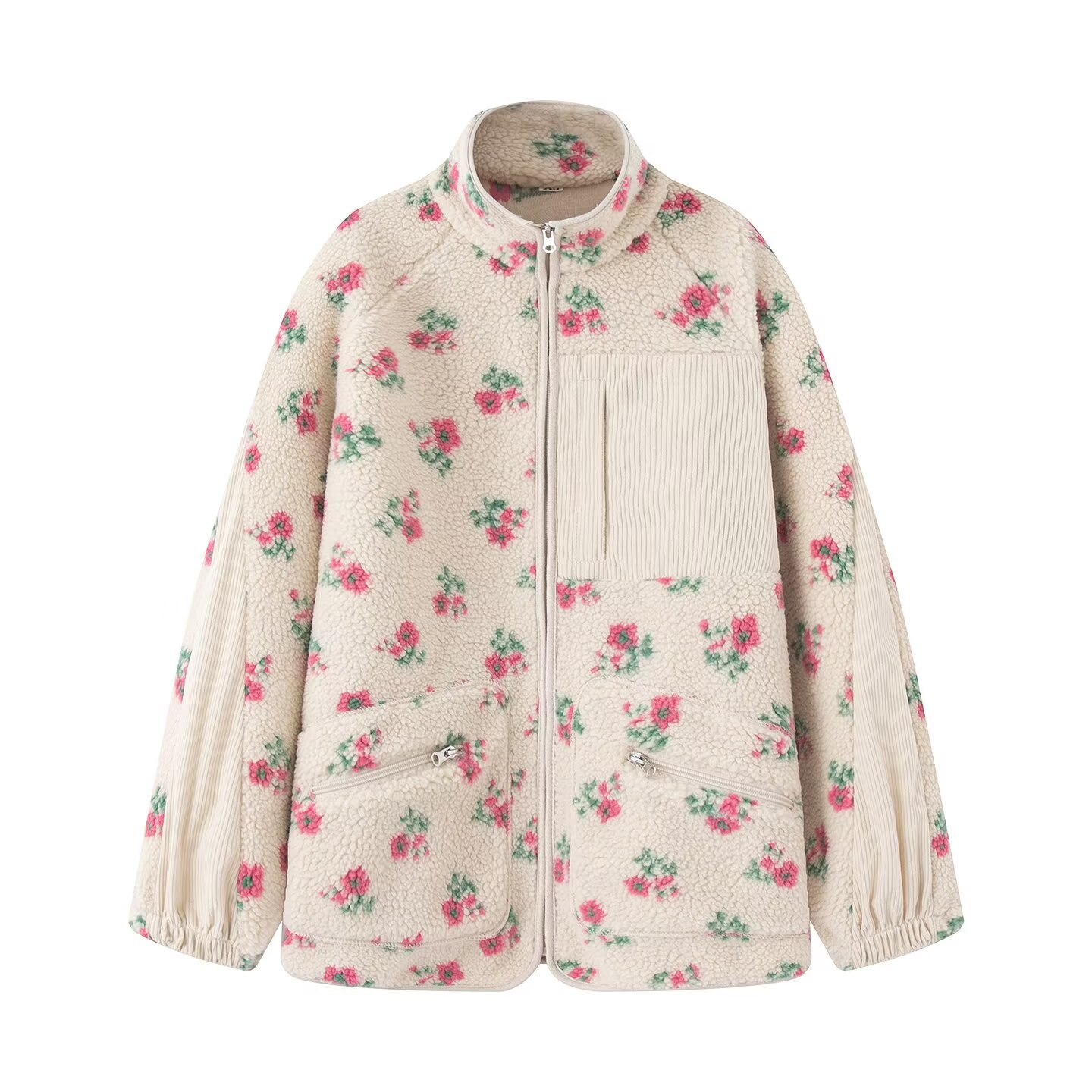 Sherpa Jacket Fleece - Jaket Floral Fashion Wanita Musim Gugur