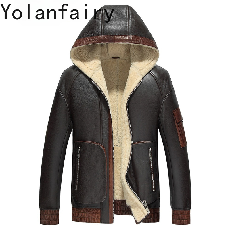 Men'S Fashion Leather Jacket - YOLANFAIRY Mantel Bulu Wol Alami Pria