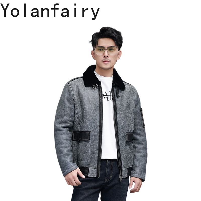 Men'S Fashion Leather Jacket - YOLANFAIRY Mantel Bulu Alami Pendek Jaket