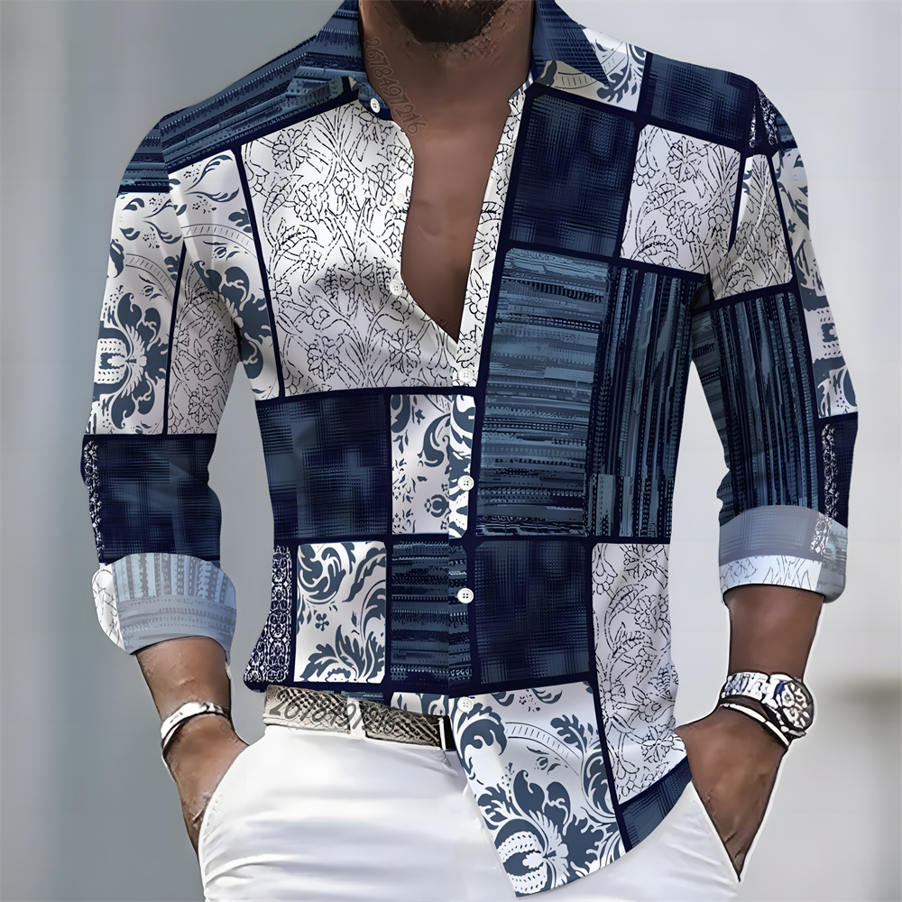 Mens Fashion Casual - Kemeja Pria Lengan Panjang Motif Blok