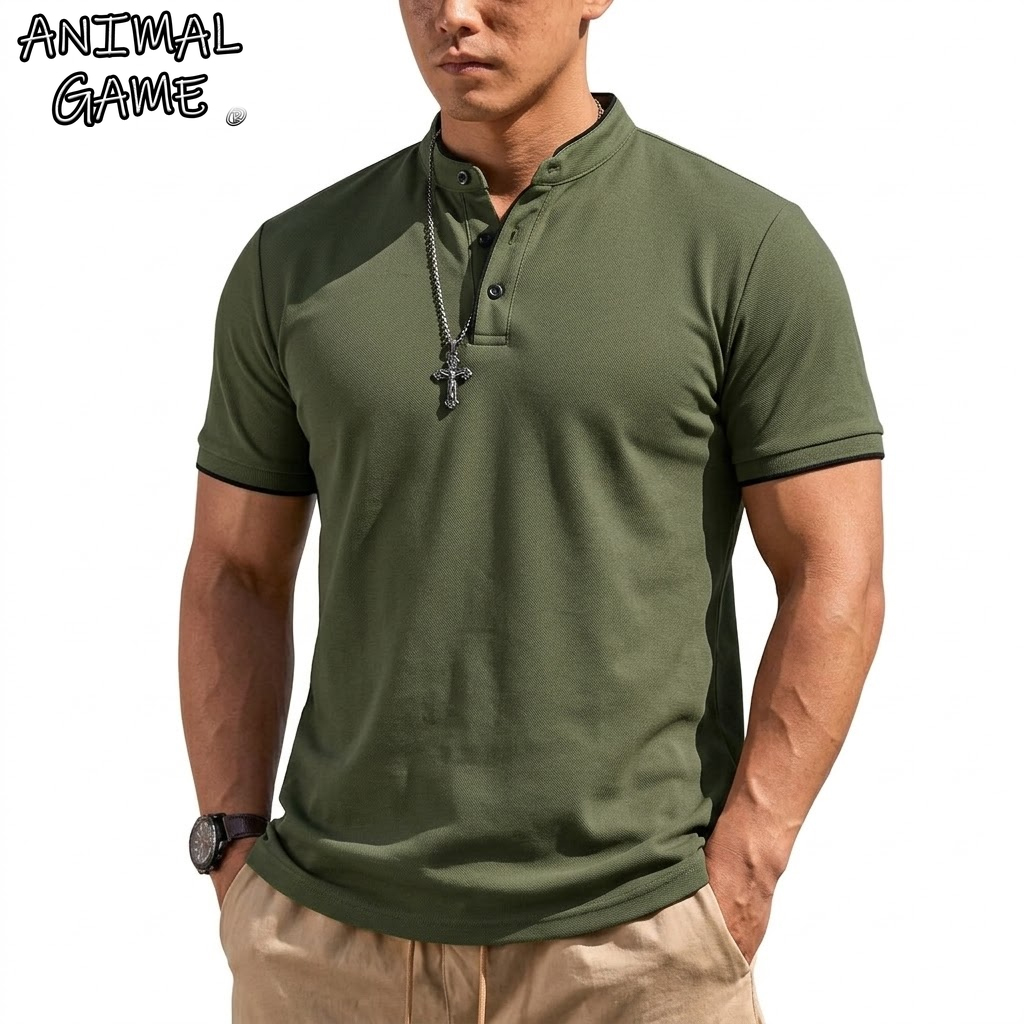 Men'S Fashion 2025 - Kaos Henley Lengan Pendek Musim Panas