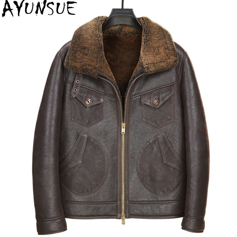 Men'S Fashion Leather Jacket - AYUNSUE 100% Mantel Bulu Alami Pria