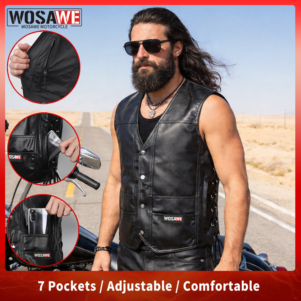 Men'S Fashion Leather Jacket - WOSAWE Rompi Pengendara Sepeda Motor Kulit