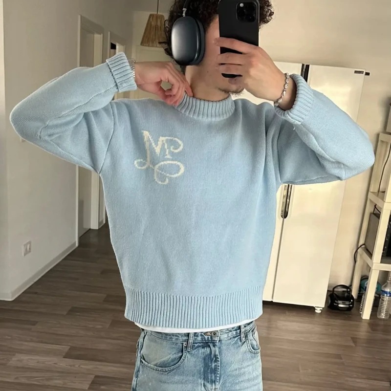 Sweter Rajut Biru Langit Haraj - Mens Fashion Jumpers ulasan dan harga