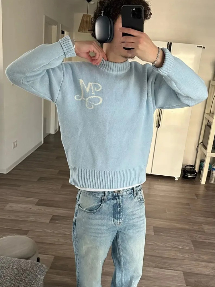 Sweter Rajut Biru Langit Haraj - Mens Fashion Jumpers ulasan dan harga