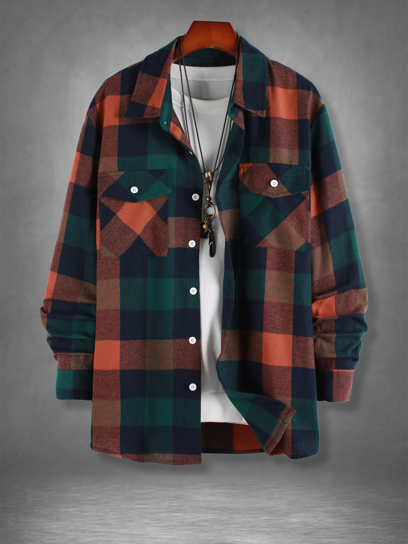 Kemeja Flanel Kotak-kotak Oran - Mens Fashion Casual ulasan dan harga